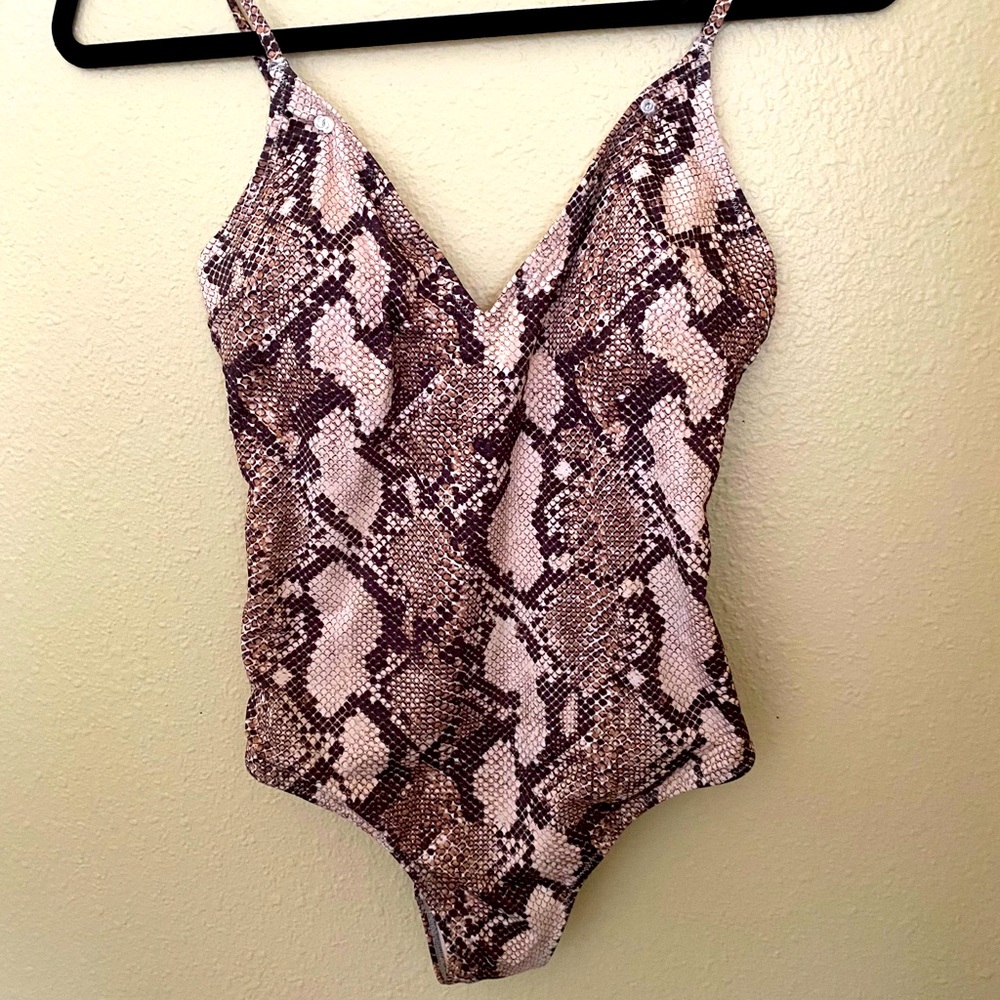 Beige tan snake print one piece bathing suit
